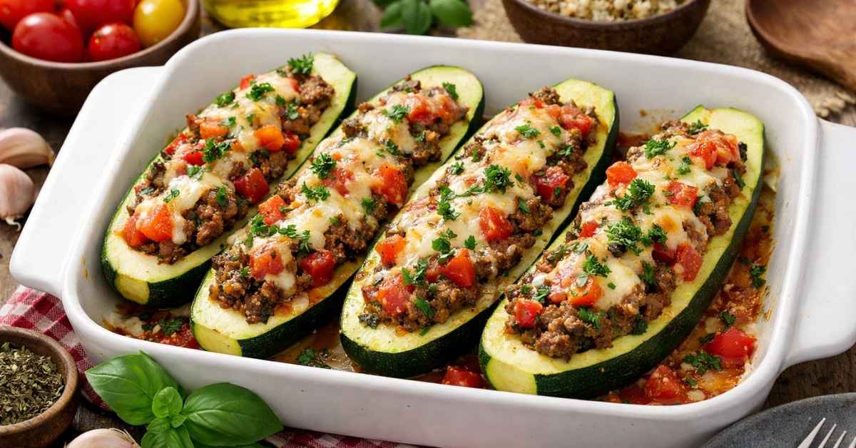 Zucchini Boats with Herbed Beef & Tomatoes