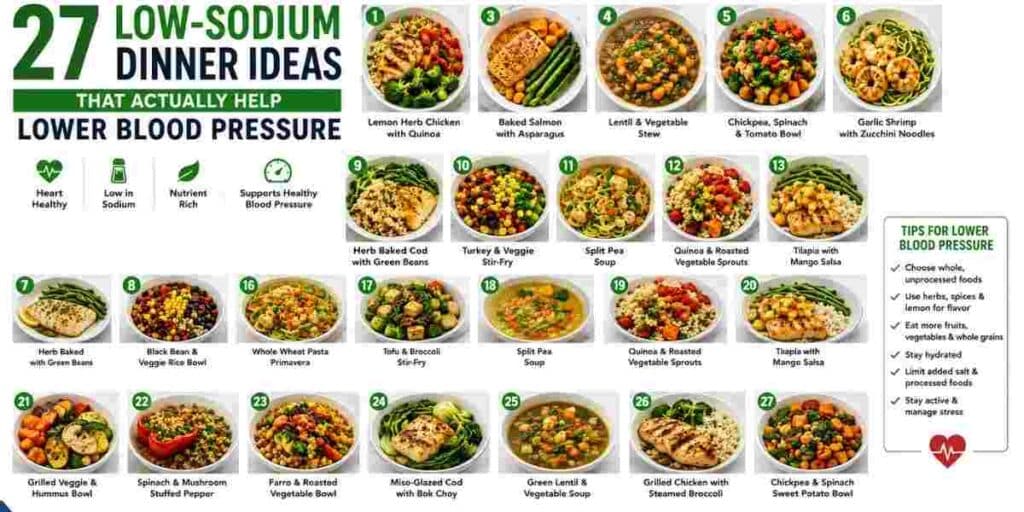 Infographic featuring 27 low-sodium dinner ideas, including grilled chicken, baked salmon, lentil soup, quinoa bowls, tofu stir-fry, and vegetable-based meals that help lower blood pressure and support heart health.
