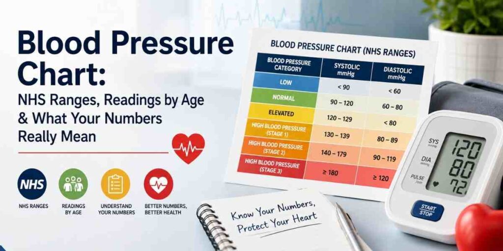 Illustration of a blood pressure chart showing NHS blood pressure ranges, age-based readings, and a digital blood pressure monitor to help explain what blood pressure numbers mean.