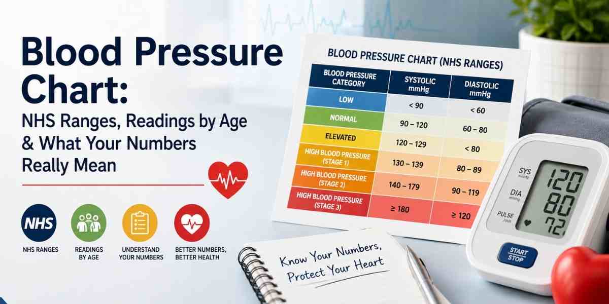 Illustration of a blood pressure chart showing NHS blood pressure ranges, age-based readings, and a digital blood pressure monitor to help explain what blood pressure numbers mean.