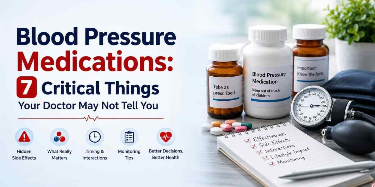 Blood pressure medication bottles, blood pressure monitor, pills, and a checklist highlighting seven critical things patients should know about their treatment.