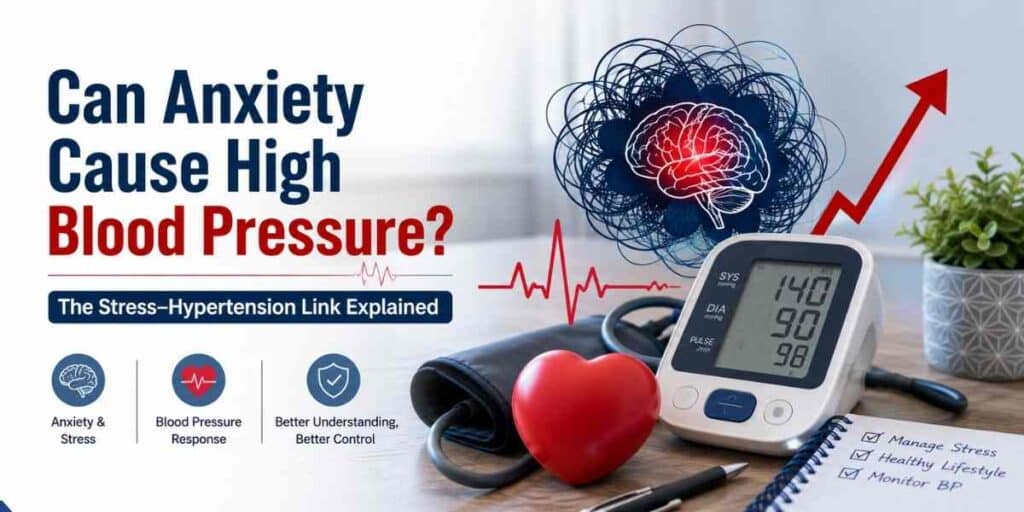 Hero image illustrating the connection between anxiety, stress, and high blood pressure with a digital blood pressure monitor, heart, brain graphic, ECG line, and upward trend arrow.