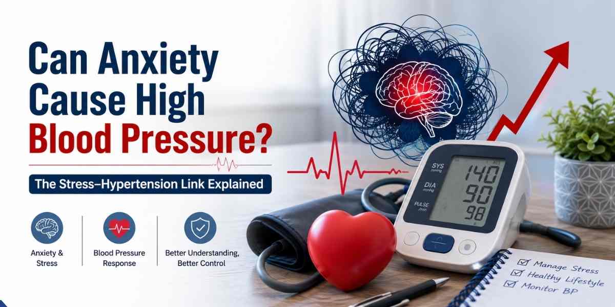 Hero image illustrating the connection between anxiety, stress, and high blood pressure with a digital blood pressure monitor, heart, brain graphic, ECG line, and upward trend arrow.