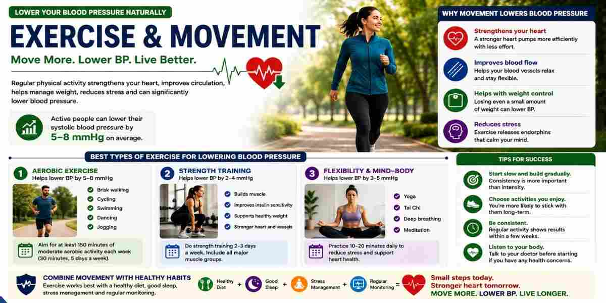 Exercise & Movement to Lower Blood Pressure – A health infographic showing how regular physical activity helps lower blood pressure naturally.