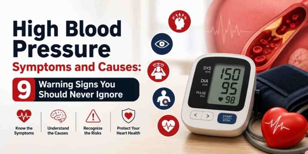 Digital blood pressure monitor with heart health icons illustrating the symptoms, causes, and nine warning signs of high blood pressure for a medical blog hero image.