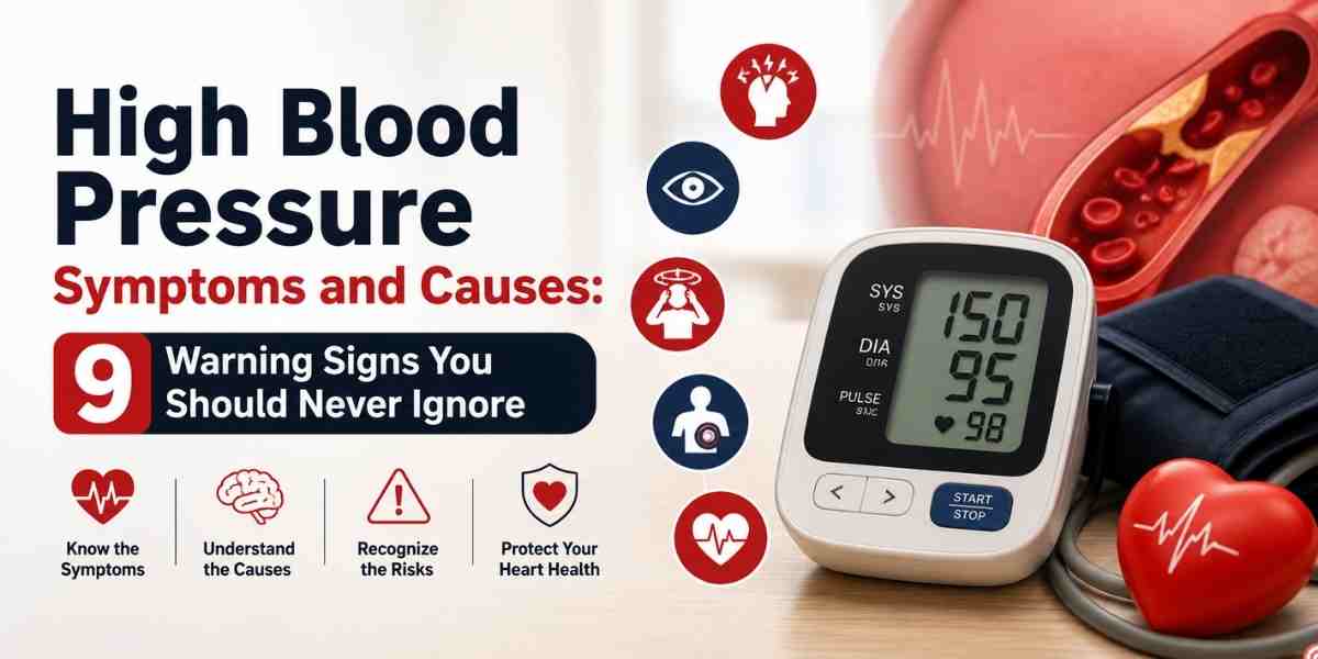 Digital blood pressure monitor with heart health icons illustrating the symptoms, causes, and nine warning signs of high blood pressure for a medical blog hero image.