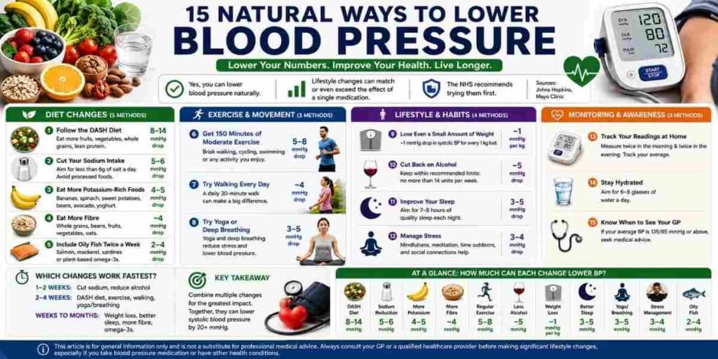A health infographic featuring evidence-based lifestyle changes to help lower blood pressure naturally.