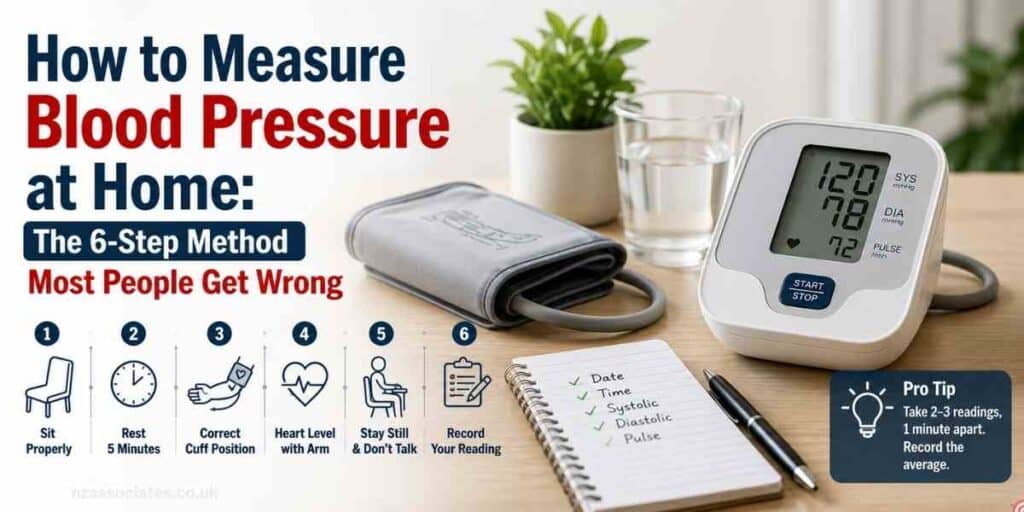 Illustrated guide showing the correct 6-step method to measure blood pressure at home using a digital blood pressure monitor, including proper seating, cuff placement, arm positioning, resting before measurement, and recording readings.