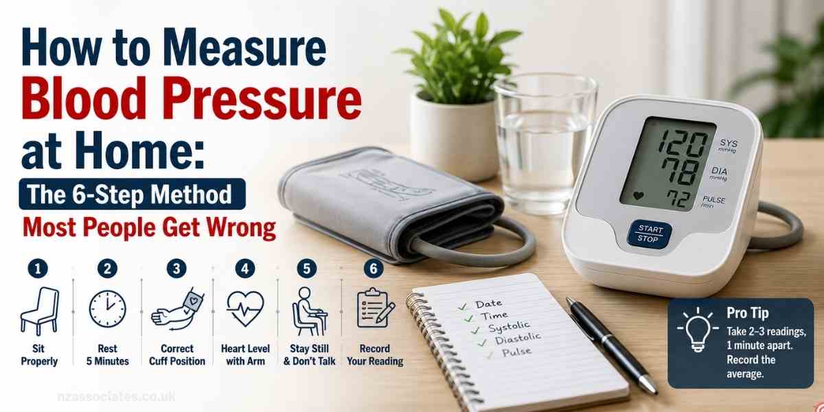 Illustrated guide showing the correct 6-step method to measure blood pressure at home using a digital blood pressure monitor, including proper seating, cuff placement, arm positioning, resting before measurement, and recording readings.