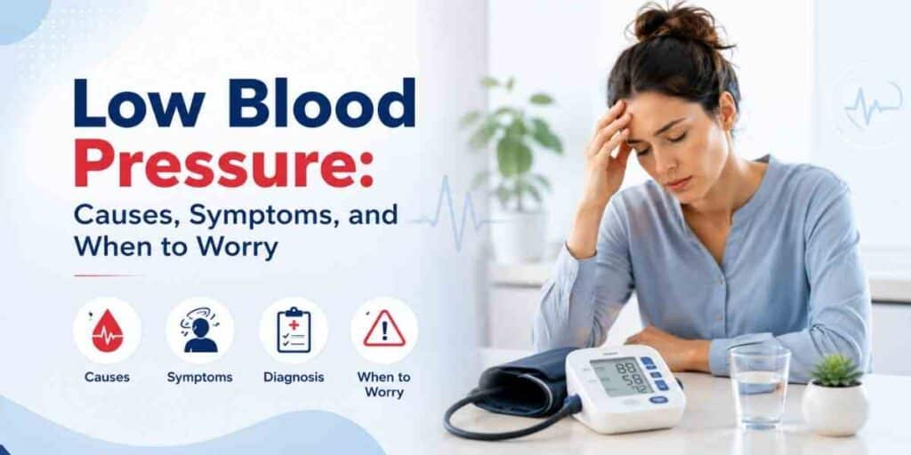A woman experiencing dizziness sits beside a digital blood pressure monitor and a glass of water, illustrating the causes, symptoms, diagnosis, and warning signs of low blood pressure (hypotension).
