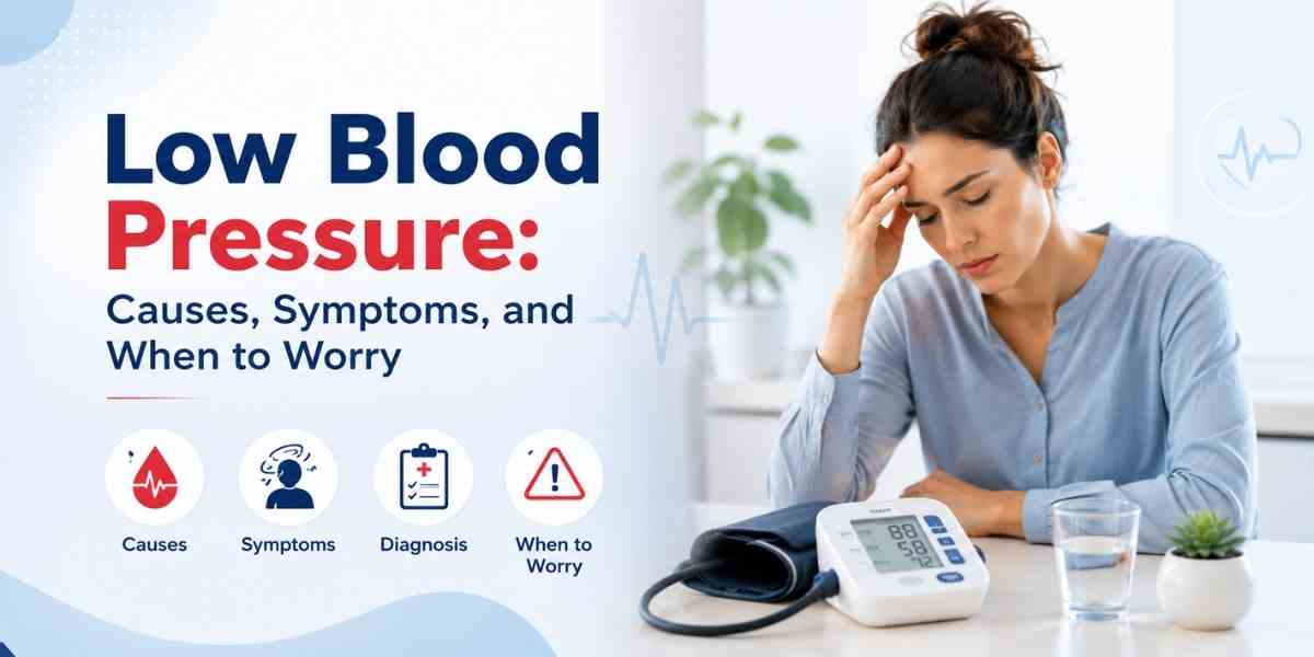 A woman experiencing dizziness sits beside a digital blood pressure monitor and a glass of water, illustrating the causes, symptoms, diagnosis, and warning signs of low blood pressure (hypotension).