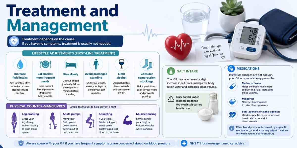 Medical infographic explaining treatment and management for low blood pressure (hypotension), featuring hydration, smaller meals, slow standing, compression stockings, salt intake, medications, physical counter-manoeuvres, and a digital blood pressure monitor.
