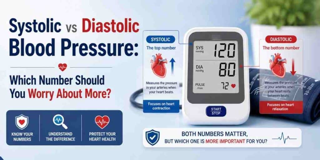 Medical illustration comparing systolic and diastolic blood pressure with a digital blood pressure monitor, heart graphics, and an explanation of what each blood pressure number means.