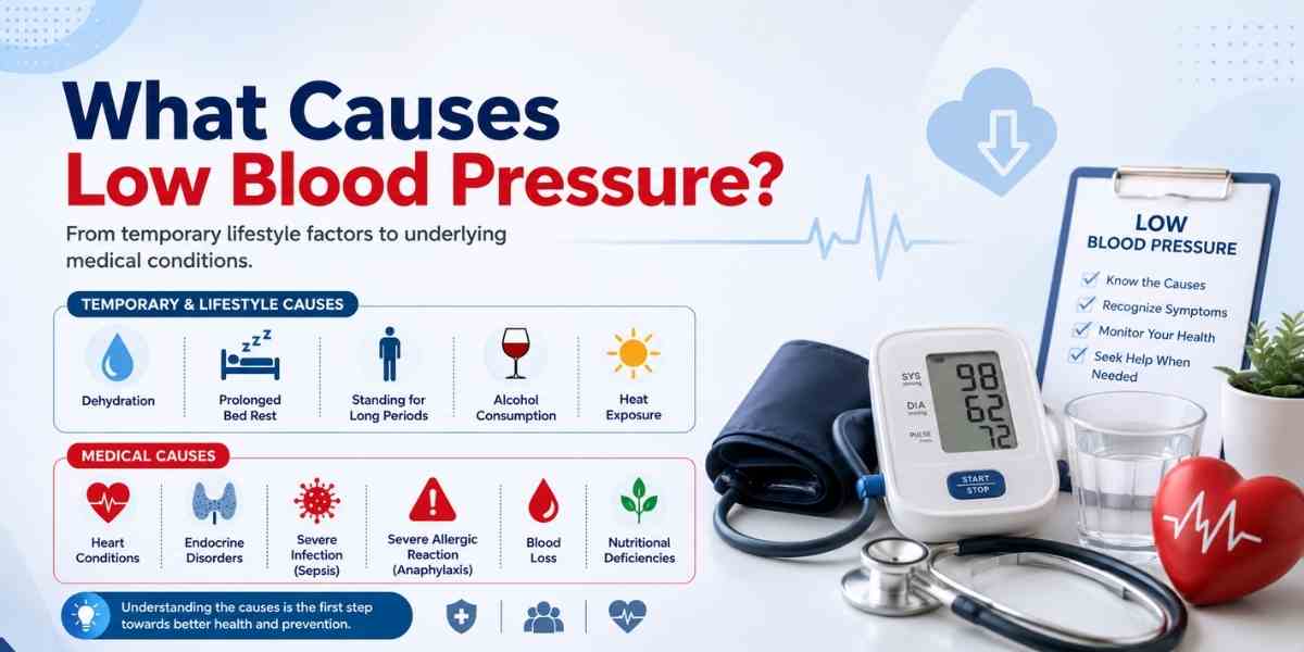 Medical infographic explaining the common causes of low blood pressure (hypotension), including dehydration, prolonged bed rest, standing for long periods, alcohol consumption, heat exposure, heart conditions, endocrine disorders, sepsis, anaphylaxis, blood loss, nutritional deficiencies, and a digital blood pressure monitor.