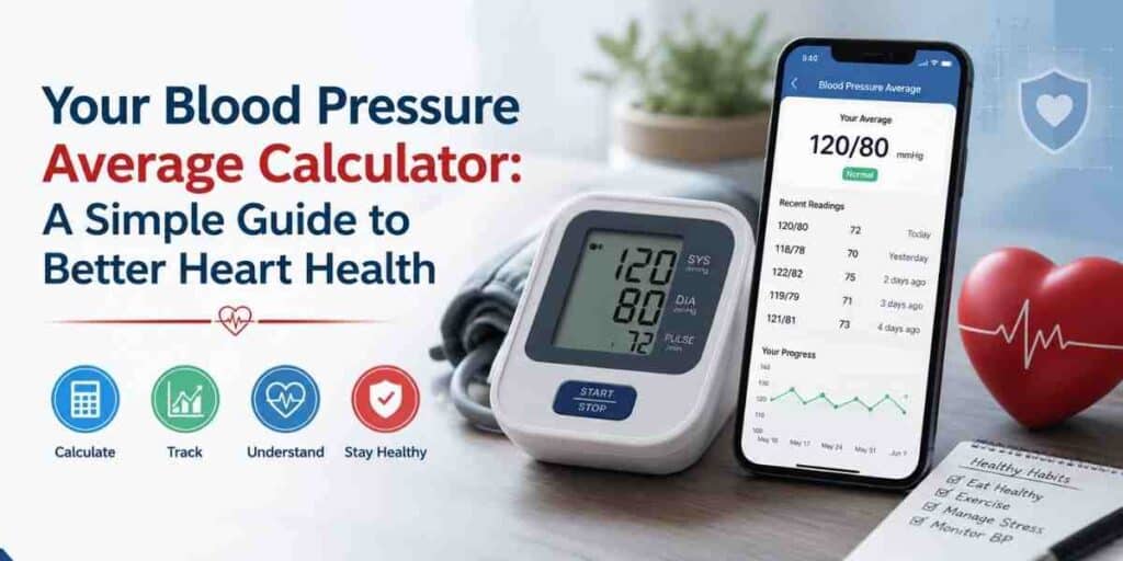 Digital blood pressure monitor and smartphone displaying average blood pressure readings with a heart health concept, illustrating a blood pressure average calculator for tracking cardiovascular health.