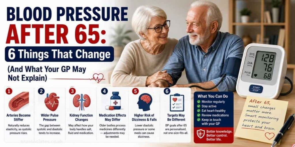 **Alt text:** “Medical infographic about blood pressure after age 65, showing an older couple, a digital blood pressure monitor, and six age-related changes including stiffer arteries, wider pulse pressure, kidney function changes, medication effects, increased dizziness and fall risk, and personalized blood pressure targets.”