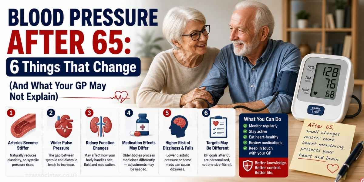 **Alt text:** “Medical infographic about blood pressure after age 65, showing an older couple, a digital blood pressure monitor, and six age-related changes including stiffer arteries, wider pulse pressure, kidney function changes, medication effects, increased dizziness and fall risk, and personalized blood pressure targets.”