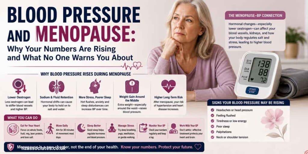 Infographic explaining the connection between menopause and rising blood pressure, showing an older woman, blood pressure monitor, hormonal changes, sodium retention, stress, weight gain, warning signs, and heart-health tips.
