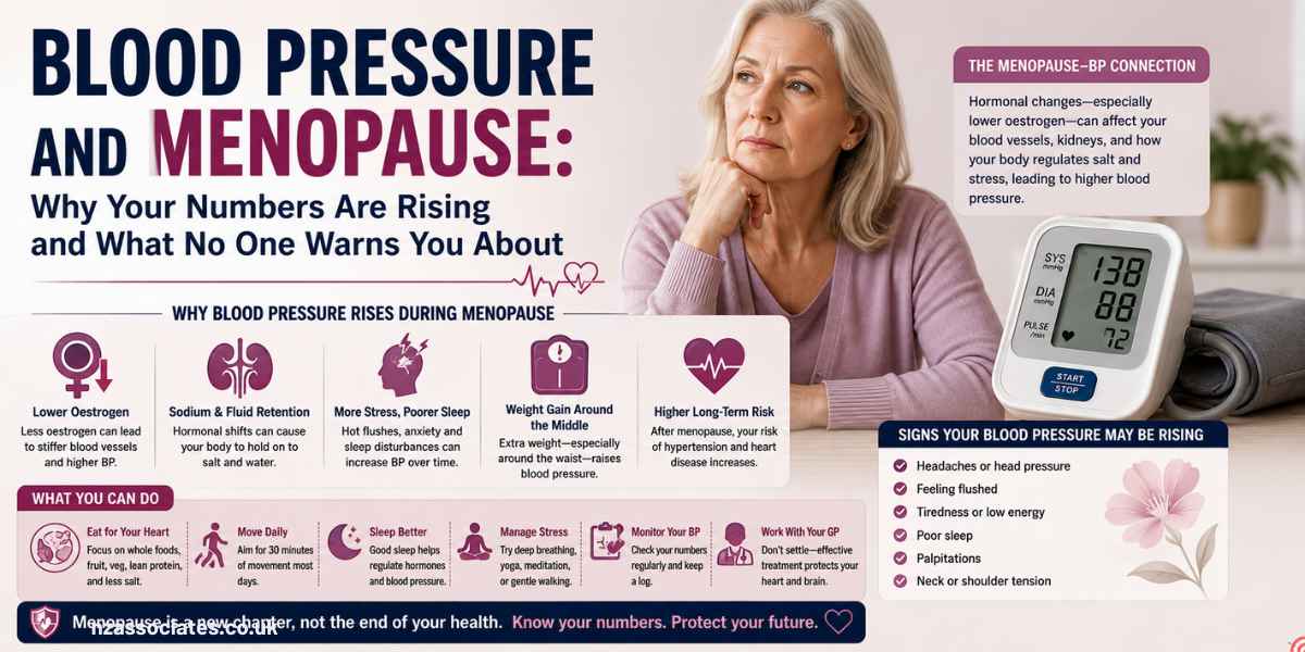 Infographic explaining the connection between menopause and rising blood pressure, showing an older woman, blood pressure monitor, hormonal changes, sodium retention, stress, weight gain, warning signs, and heart-health tips.
