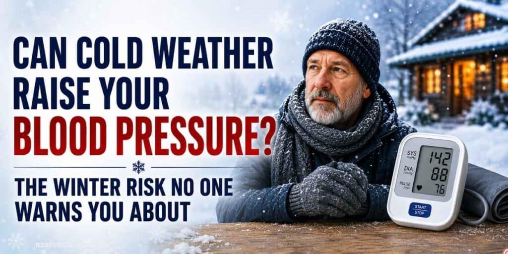 Infographic explaining how cold weather can raise blood pressure, showing winter conditions, a blood pressure monitor, narrowed blood vessels, increased heart strain, clot risk, higher-risk groups, warning signs, and winter safety tips.
