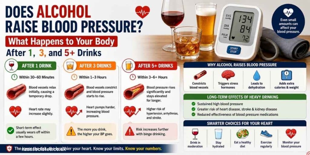 **Alt text:** “Infographic explaining how alcohol affects blood pressure after 1, 3, and 5 or more drinks, with a blood pressure monitor, alcohol drinks, short-term effects, long-term health risks, and heart-health tips.”