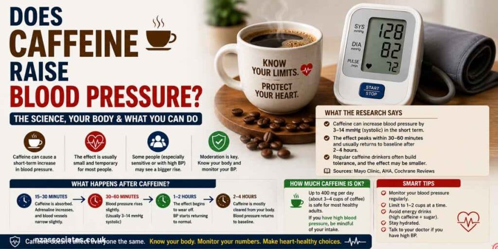 Infographic explaining whether caffeine raises blood pressure, showing coffee, a digital blood pressure monitor, short-term blood pressure effects, timing, caffeine sensitivity, and practical tips for monitoring blood pressure.