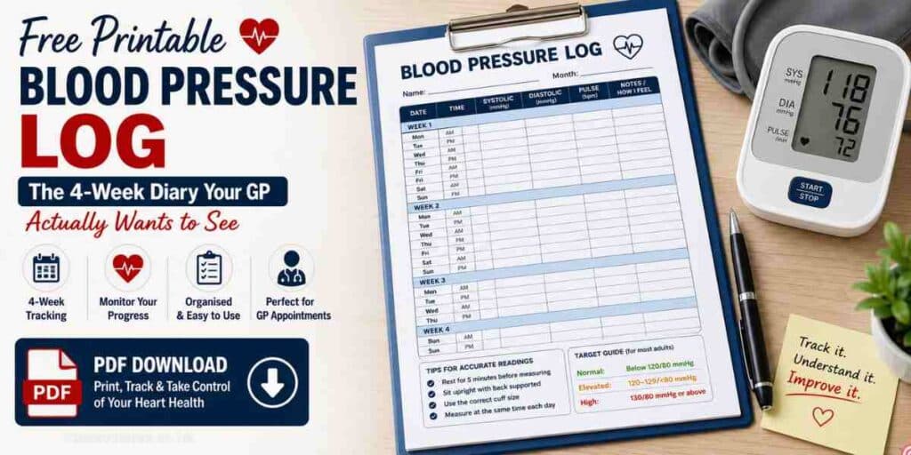Free printable four-week blood pressure log featuring a detailed tracking sheet, digital blood pressure monitor, and PDF download for recording readings and preparing for GP appointments.