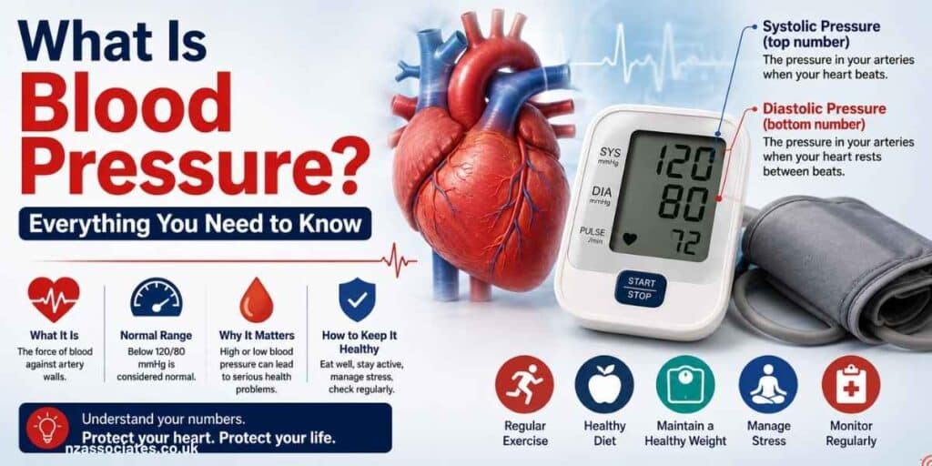 Educational infographic explaining what blood pressure is, with a heart, digital blood pressure monitor showing 120/80 mmHg, and explanations of systolic and diastolic pressure, healthy ranges, and heart-health tips.