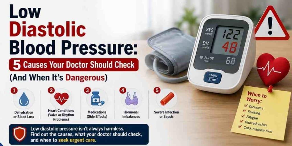 Low diastolic blood pressure infographic showing 5 causes including dehydration, heart conditions, medications, hormonal imbalances, and severe infection, with warning symptoms checklist
