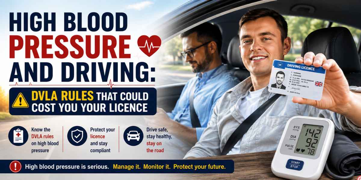 High blood pressure and driving infographic showing DVLA rules, blood pressure monitoring, driving licence requirements, and safe driving guidance for people with hypertension.