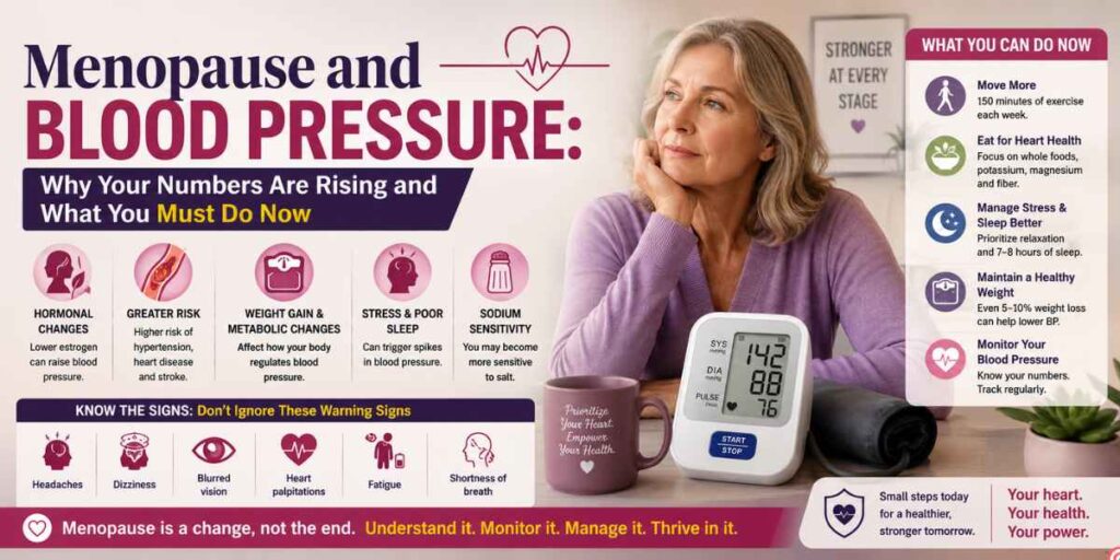 Menopause and blood pressure infographic showing how hormonal changes, weight gain, stress, poor sleep, and sodium sensitivity can contribute to rising blood pressure, with practical steps to monitor and manage heart health.
